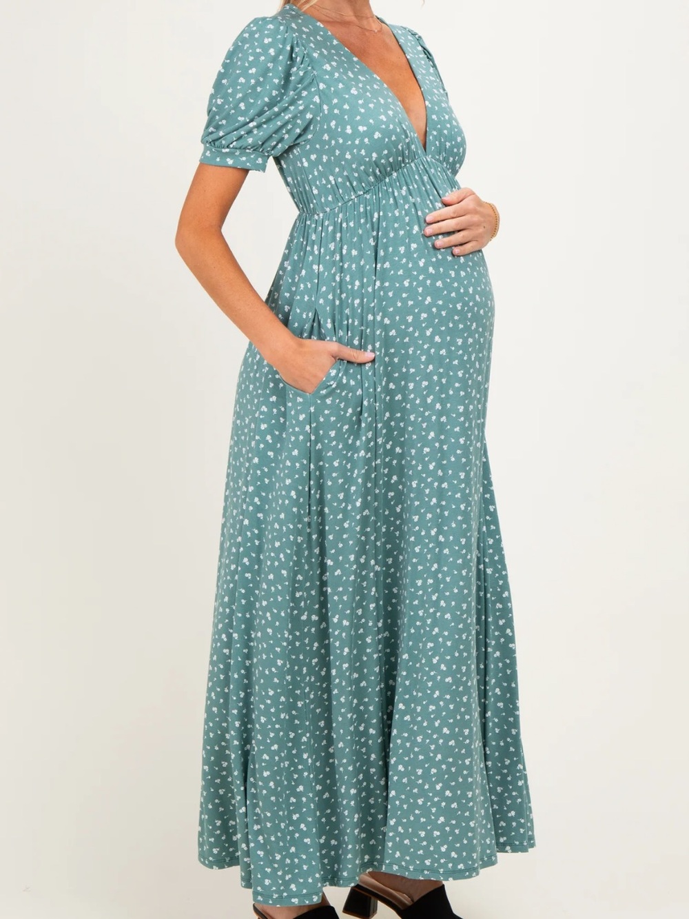 PinkBlush Maternity Light Olive Floral V-Neck Short Sleeve Maxi Dress